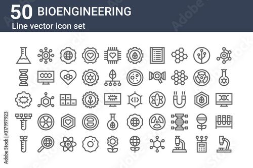 set of 50 bioengineering icons. outline thin line icons such as microscope, test tube, test tube, cell, dna, structure