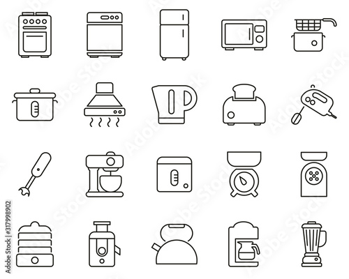 Kitchen Appliances Icons Black & White Thin Line Set Big