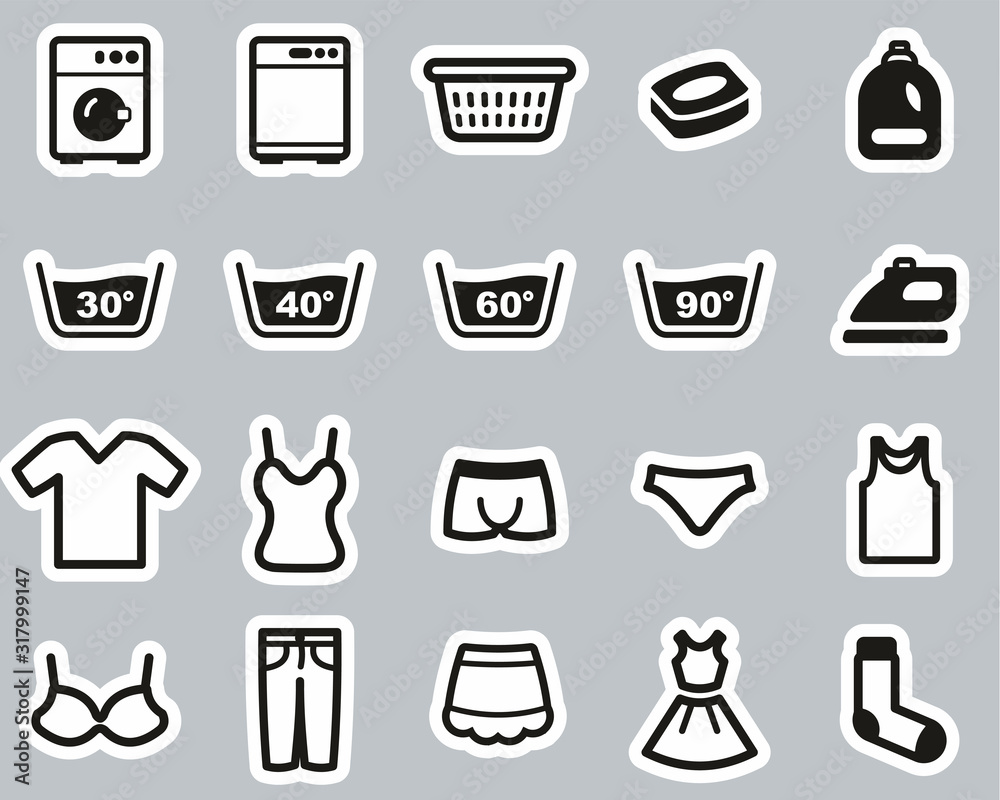 Laundry Or Washing Clothes Icons Black & White Sticker Set Big