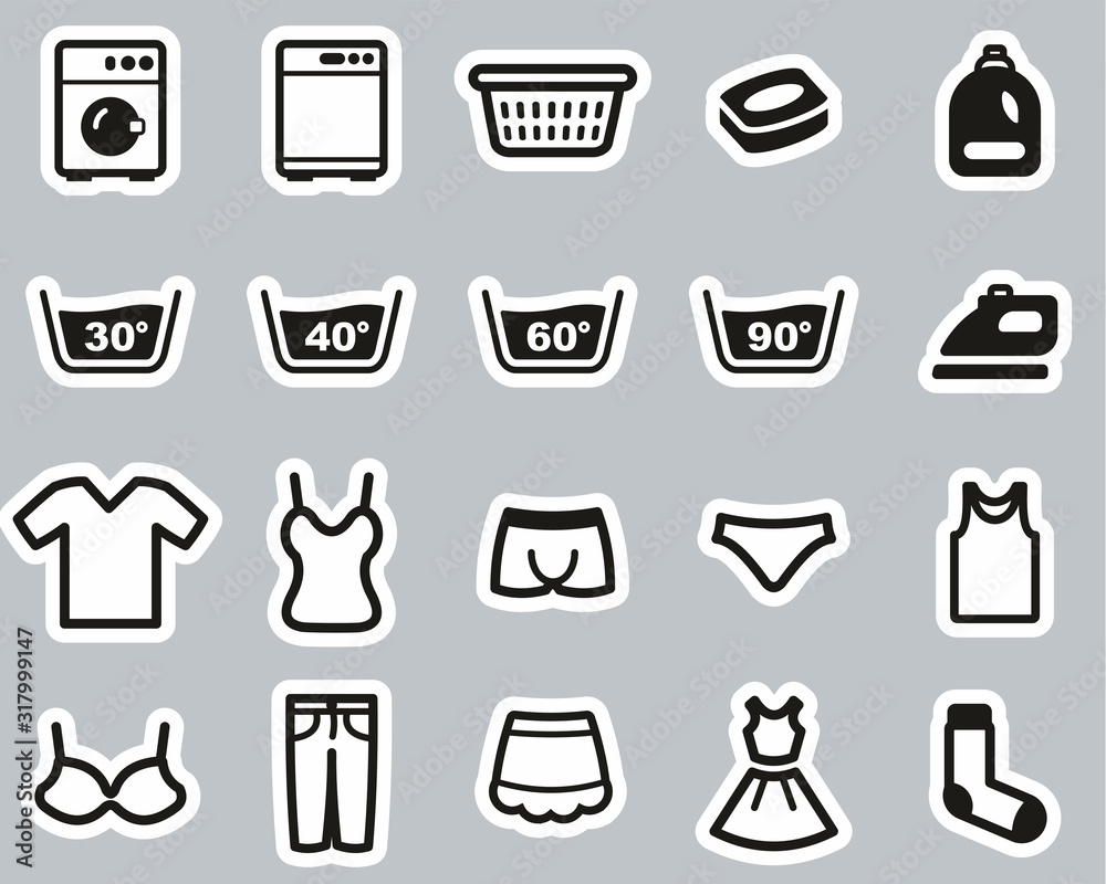 Laundry Or Washing Clothes Icons Black & White Sticker Set Big Laundry Or Washing Clothes Icons Black & White Sticker Set Big