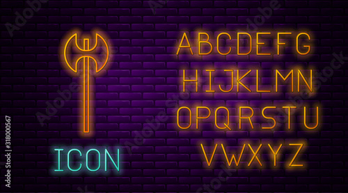 Glowing neon line Medieval axe icon isolated on brick wall background. Battle axe, executioner axe. Medieval weapon. Neon light alphabet. Vector Illustration