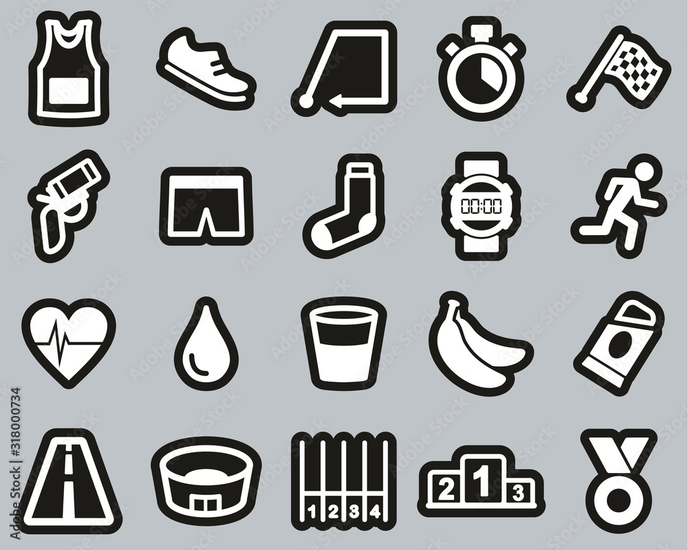 Marathon Or Marathon Race Icons White On Black Sticker Set Big Marathon Or Marathon Race Icons White On Black Sticker Set Big