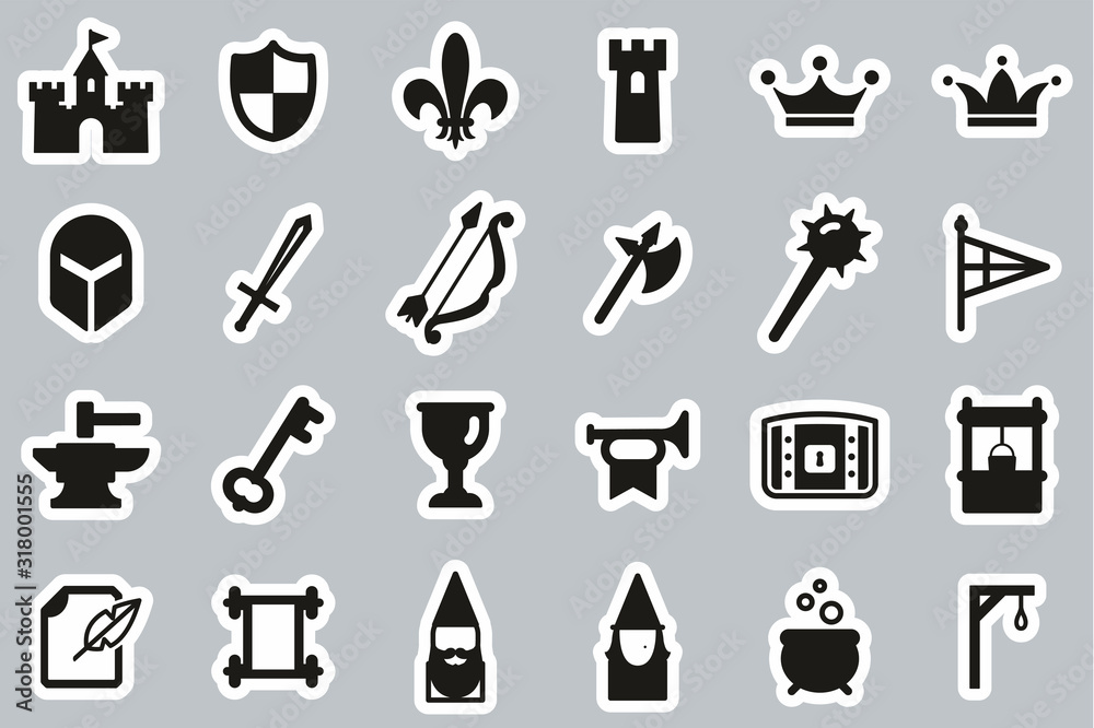 Medieval Castle Icons Black & White Sticker Set Big Medieval Castle Icons Black & White Sticker Set Big