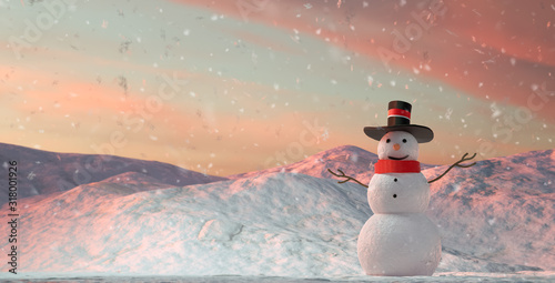 Sunrise view of happy snowman in winter scenery with copy space. 3D Render photo