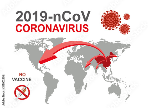 2019-nCoV. China pathogen respiratory coronavirus 2019-nCoV. Flu spreading of world, China map, arrows, floating influenza virus cells. Dangerous chinese ncov corona virus, SARS pandemic risk alert