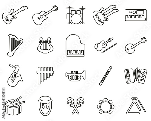 Musical Instruments Icons Black & White Thin Line Set Big