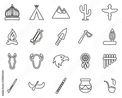 Native American Culture Icons Black & White Thin Line Set Big