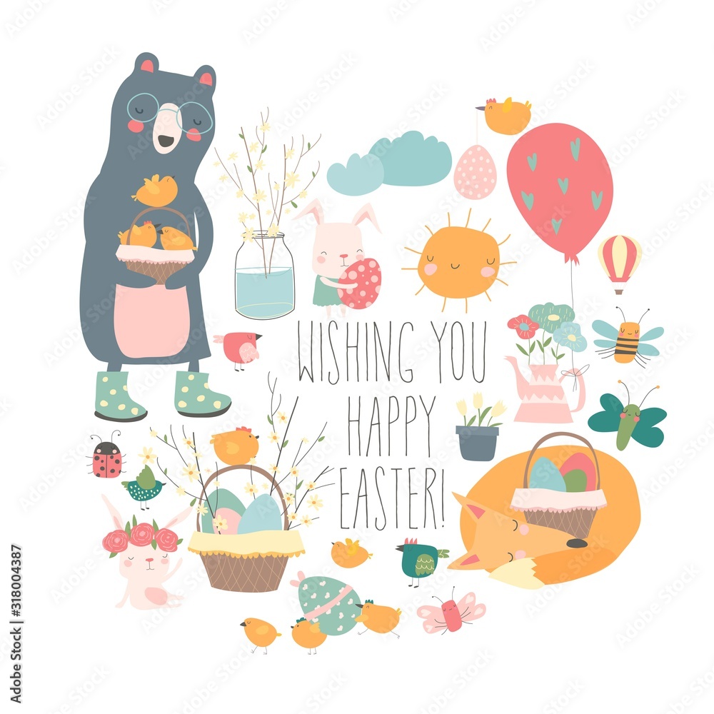 Cute cartoon animals with Easter theme. Happy Easter