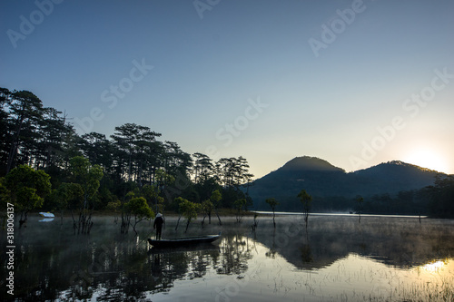 beautyful landscape in Dalat, viet nam. alone tree near by the lake