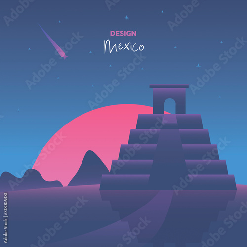 Vector illustrations inspired by the disco music of the 80s, 3d background, neon, mexico at sunset. EPS 10