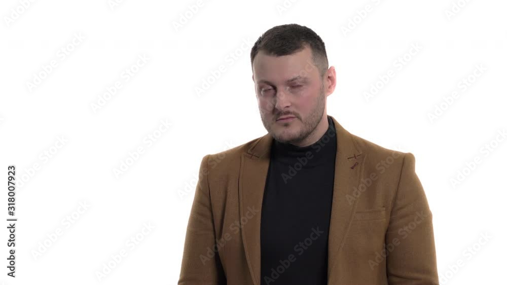 Disappointed businessman expressing negative emotions. Negative facial expression. Body language and gestures concept. Portrait shot, isolated, on white background Disappointed businessman expressing negative emotions. Negative facial expression. Body language and gestures concept. Portrait shot, isolated, on white background