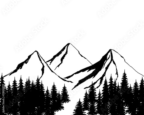 mountain landscape with conifers. Mountains background. Mountain landscape vacation hiking concept. Vector black illustration on white isolated.