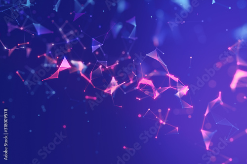 Lines connected triangles. Network sphere system. Digital data plexus technology construction. Connection or communication. Futuristic purple abstract vibrant multicolored glowing motion background.