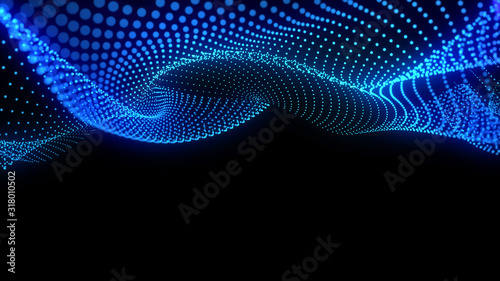 Bright wavy background. Glowing dots and lines. Neon light. Wave element for design. Smooth particle waves. Dynamic techno wallpaper. Blue color
