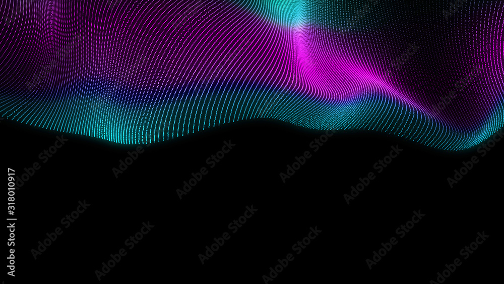Bright wavy background. Glowing dots and lines. Neon light. Wave element for design. Smooth particle waves. Dynamic techno wallpaper.Blue and pink colors Bright wavy background. Glowing dots and lines. Neon light. Wave element for design. Smooth particle waves. Dynamic techno wallpaper.Blue and pink colors