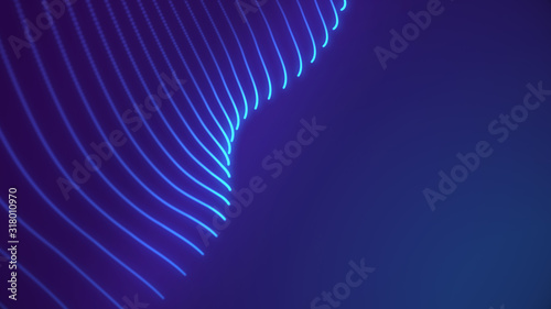 Bright wavy background. Glowing dots and lines. Neon light. Wave element for design. Smooth particle waves. Dynamic techno wallpaper. Blue color