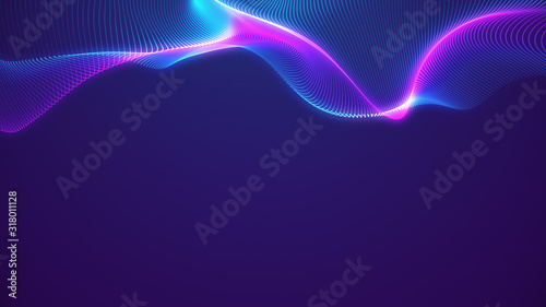 Bright wavy background. Glowing dots and lines. Neon light. Wave element for design. Smooth particle waves. Dynamic techno wallpaper.Violet and blue colors