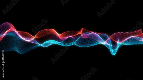 Bright wavy background. Glowing dots and lines. Neon light. Wave element for design. Smooth particle waves. Dynamic techno wallpaper. Blue and red color