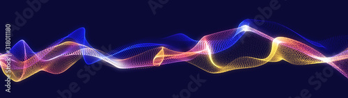 Bright wavy background. Glowing dots and lines. Neon light. Wave element for design. Smooth particle waves. Dynamic techno wallpaper. Blue and orange