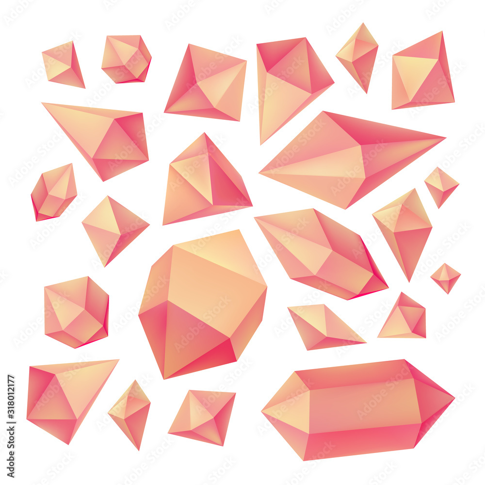 Simple color 3D crystals, mineral rock, diamond shape, abstract gemstone, magic crystal illustrations Simple color 3D crystals, mineral rock, diamond shape, abstract gemstone, magic crystal illustrations