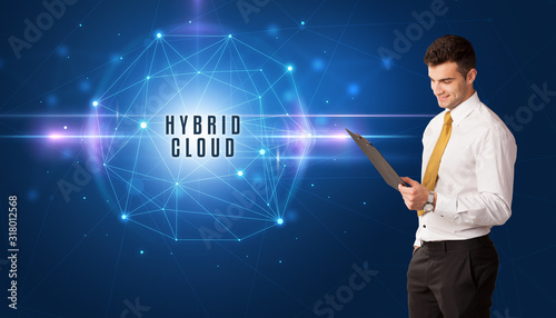 Businessman thinking about security solutions with HYBRID CLOUD inscription