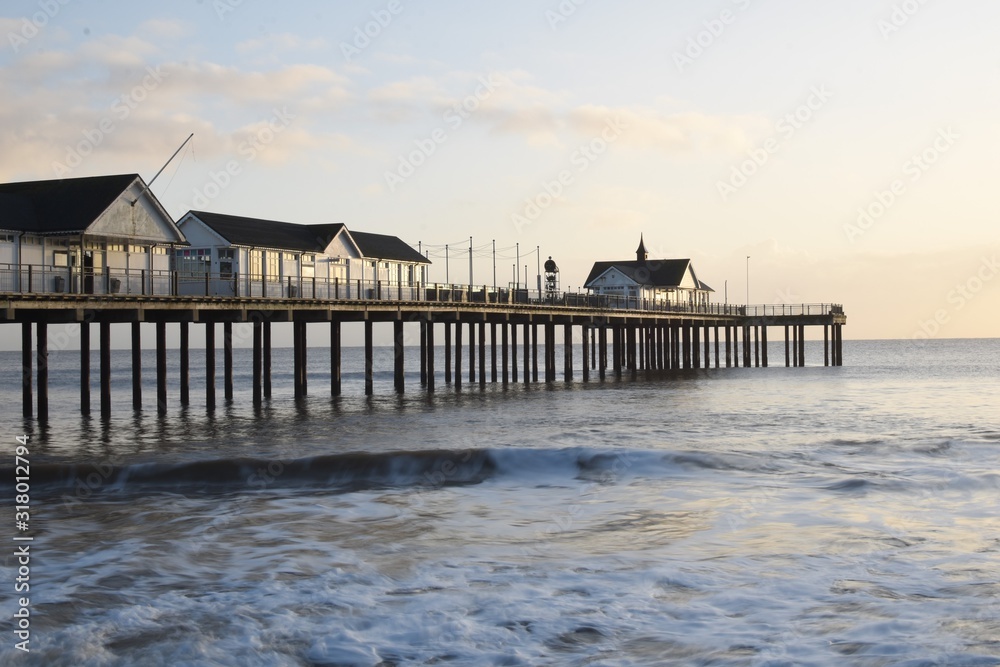 Southwold Pier. A sunny winter morning at Southwold beach in Suffolk, England, UK.