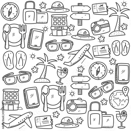 Set of travel doodle elements vector illustration in hand drawn style. Travelling and vacation doodle background 