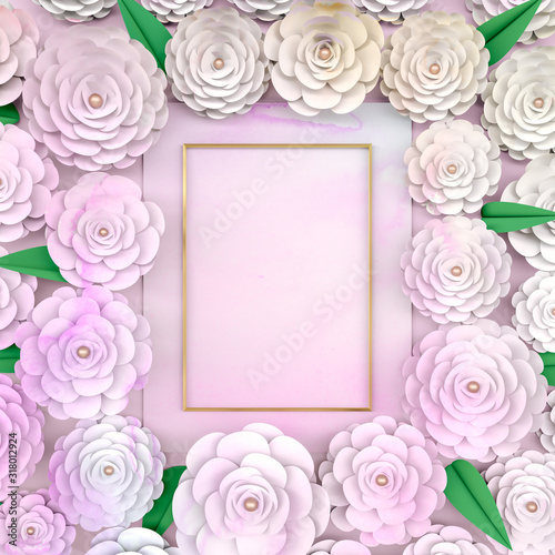 Beauty fashion 3d background with golden rectangle frame on blooming rose flower. pastel watercolor paper texture.