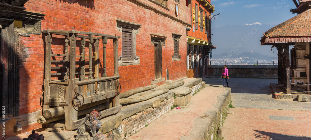 Panorama of the historic red brick building at the Bagh Bhairab temple in Kirtipur, Nepal