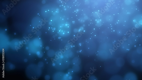 Bright blue bokeh lights abstract background. Flying particles or dust. Vivid lightning. Merry christmas design. Blurred light dots. Can use as cover, banner, postcard, flyer.