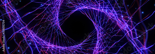 Abstract blue and red background. Neon lights. Glowing tunnel. Bright vibrant dots. laser illumination.