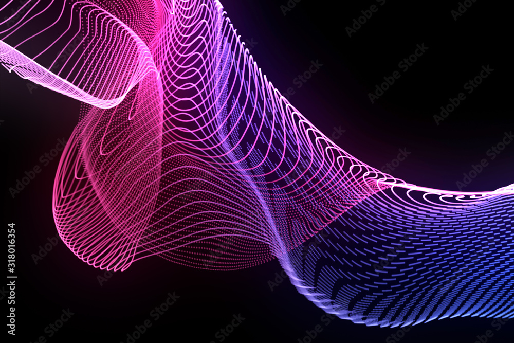 Bright wavy background. Glowing dots and lines. Neon light. Wave element  for design. Smooth particle waves. Dynamic techno wallpaper. Blue and pink  colors Stock Illustration