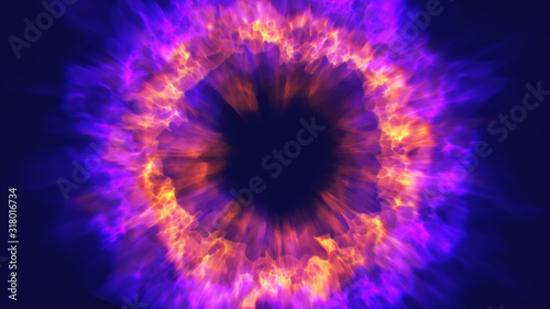 Explosion of violet and orange smoke. Color particle splash  fume effect  festive abstract background. Explode particles freeze. Isolated on black.