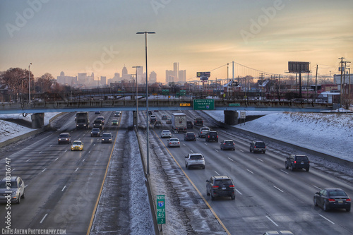 traffic on the highway at sunrise