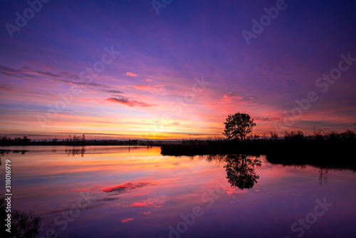 Spectacular sunrise at National park de groote peel in Limburg and North-Brabant in the Netherlands. Beautiful red and purple colors from sunset with reflection in the lake. Landscape the Netherlands photo