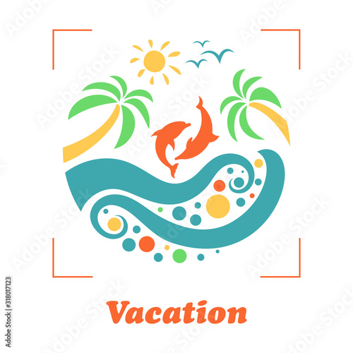 Summer travel vacation logo concept in circle shape. Sea resort, waves, dolphins, birds, sun, and palm tree. Paradise beach color graphic sign. Vector abstract illustration.