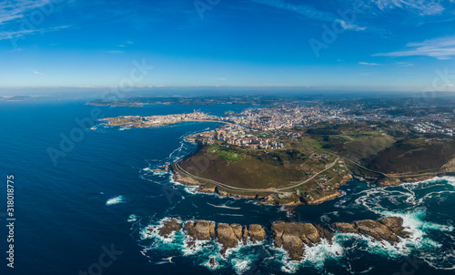 Aerial view of A Coruna coastal city and San Pedro Mountain park, Galicia