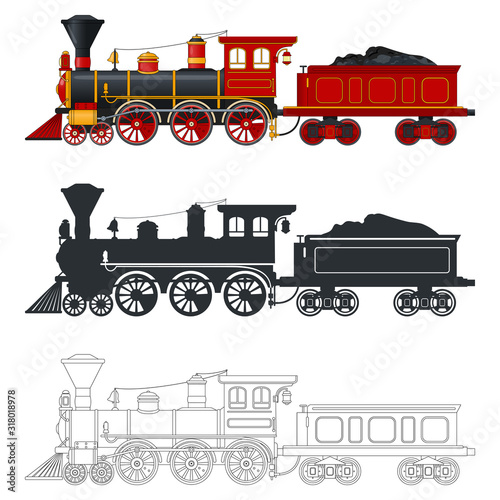 Vintage steam locomotive train with tender wagon in retro style. Three different options: color, silhouette, outline