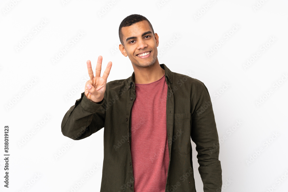 Young African American man over isolated white background happy and counting three with fingers Young African American man over isolated white background happy and counting three with fingers
