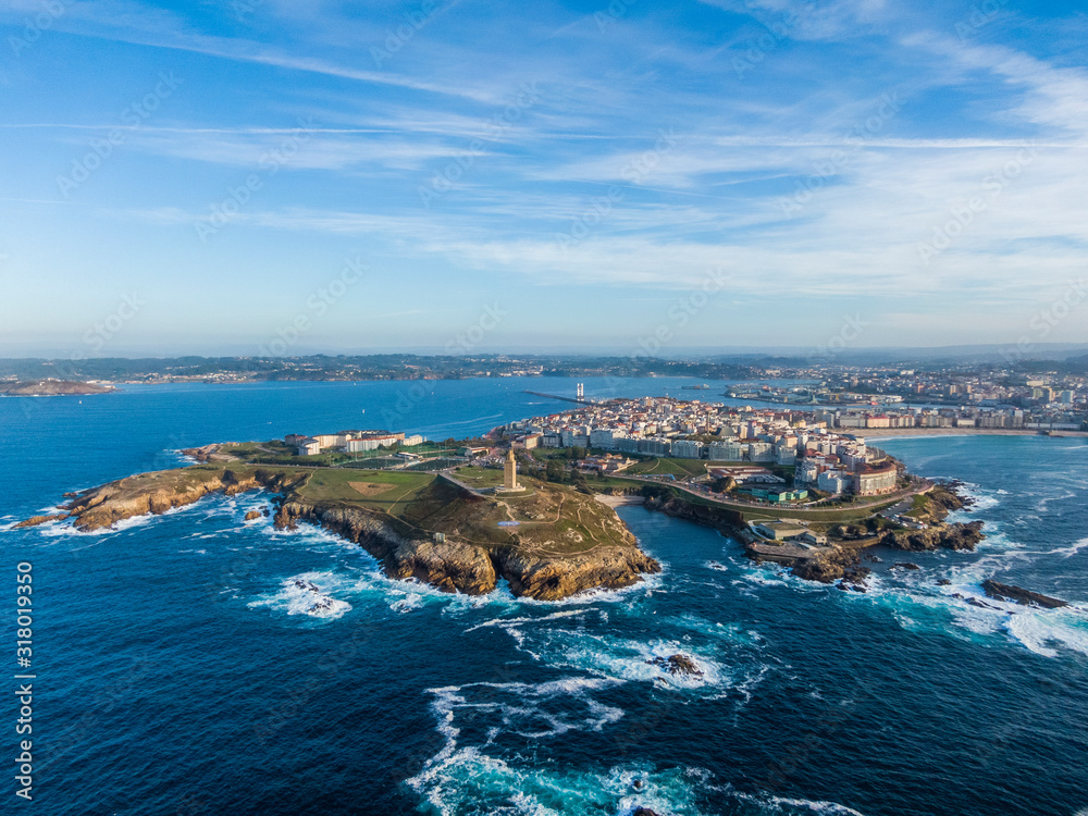 Aerial view of A Coruna coastal city and Hercules tower, Galicia