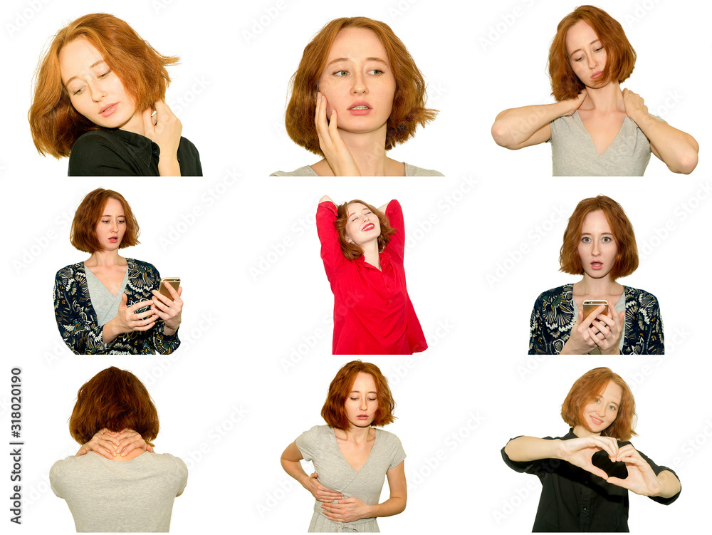 set of photos. collage. the girl portrays feelings - Joy, Delight, Hope, Admiration, Love, Peace, set of photos. collage. the girl portrays feelings - Joy, Delight, Hope, Admiration, Love, Peace,
