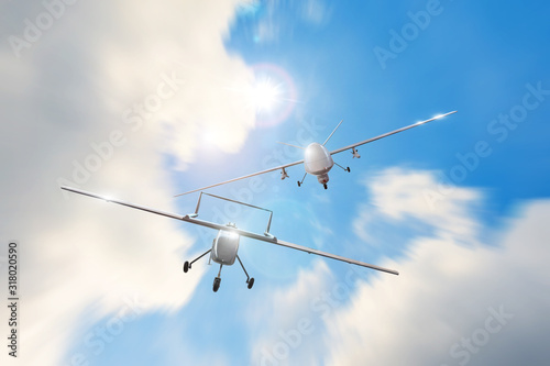 Chasing speed motion a military drone to others, aerial combat.