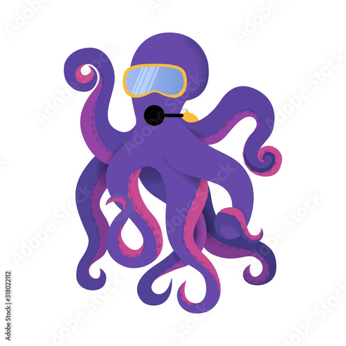 Vector illustration with an octopus diver. A cheerful and happy Character an octopus with a mask and a balloon plunges to the bottom of the ocean, a symbol or a mascot for diving schools.