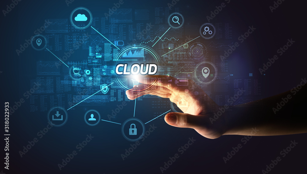 Hand touching CLOUD inscription, Cybersecurity concept Hand touching CLOUD inscription, Cybersecurity concept