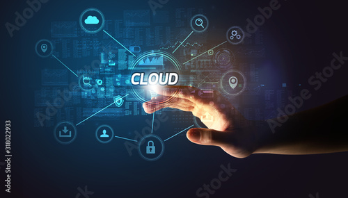 Hand touching CLOUD inscription, Cybersecurity concept