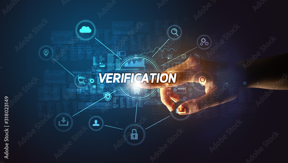 Hand touching VERIFICATION inscription, Cybersecurity concept