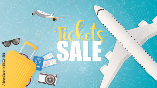 Ticket sale poster. Blue air ticket sale banner. Tickets, passport, world map, travel suitcase, top view. Vector illustration