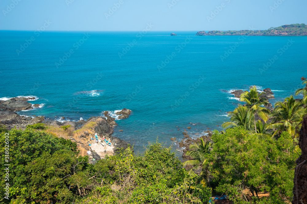 Indian ocean. Panorama of Arabian sea coast, India, Goa. View from the hight of Portuguese-built 