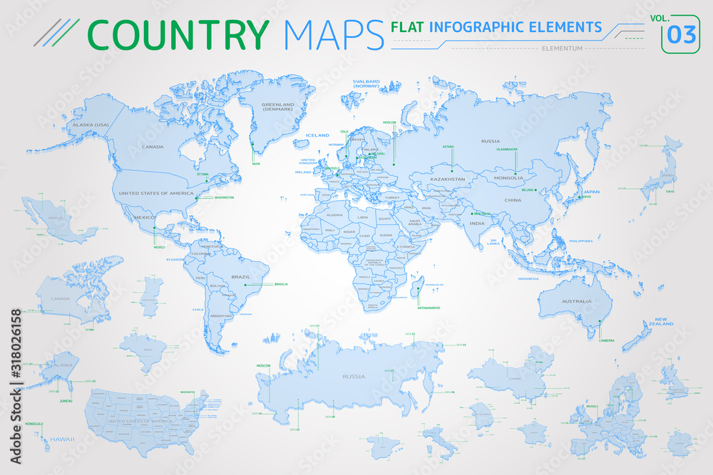 America, Asia, Africa, Europe, Australia, Oceania, Mexico, Japan, Canada, Brazil, USA, Russia, China Vector Maps