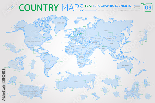 America, Asia, Africa, Europe, Australia, Oceania, Mexico, Japan, Canada, Brazil, USA, Russia, China Vector Maps